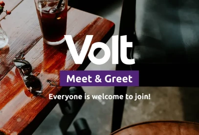Banner of meet & greet event (photo of a bar setting - chair, table, drinks and sunglasses)