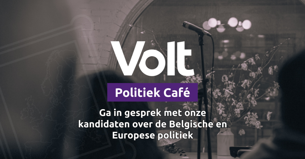 Image of microphone in a café with a framed painting of the European Map. The text says